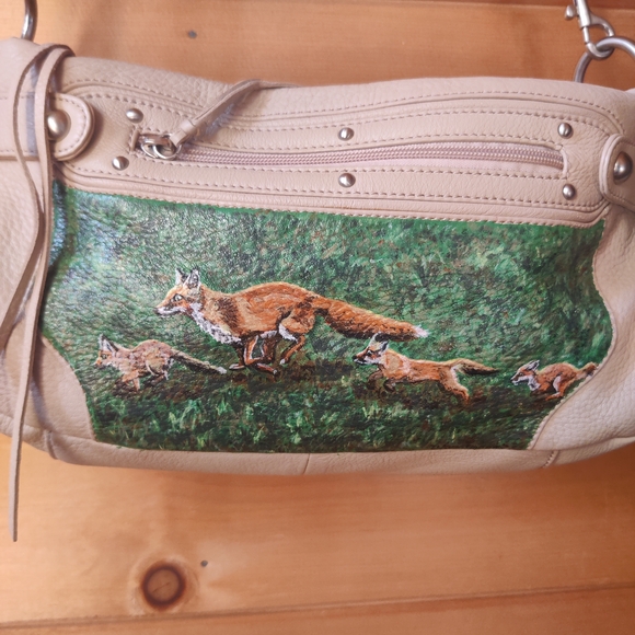 Upcycled Hand Painted Art Fox Family Leather Crossbody Bag Beige OOAK Nature